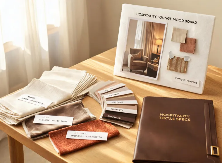 Romo upholstery and drapery swatches in a design studio